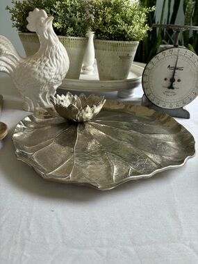 Vintage Michael Aram Large Silver Lily Pad Leaf & Lotus Serving Platter & Bowl